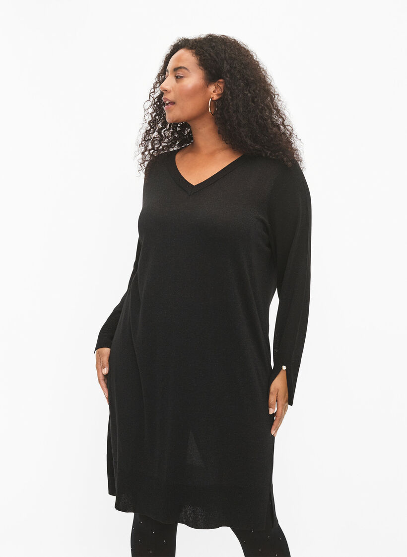 Robe en maille à paillettes en viscose avec des fentes, Black w. DTM Lurex, Model image number 0
