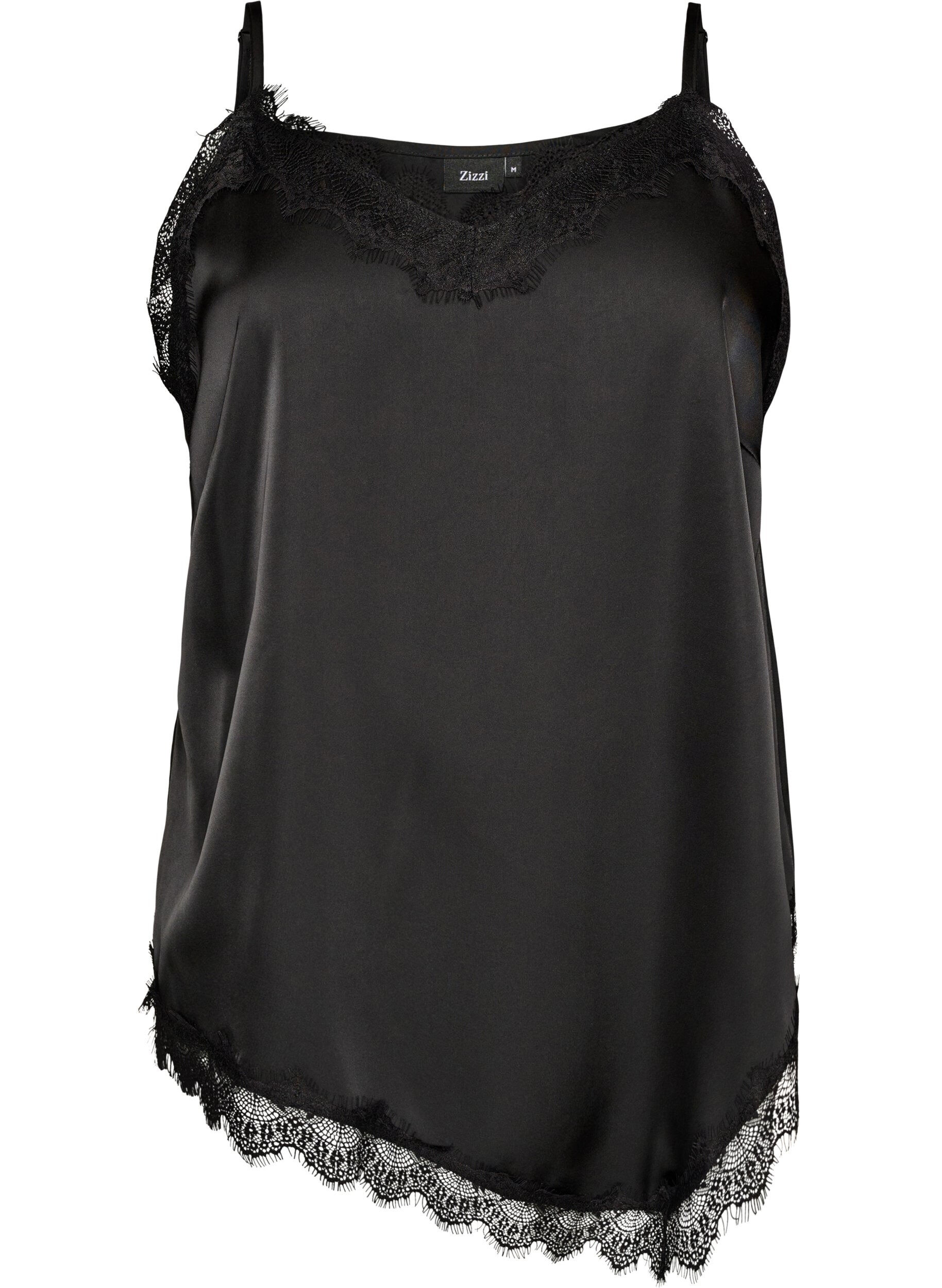 Top aus Satin mit Spitzen und asymmetrischem Saum