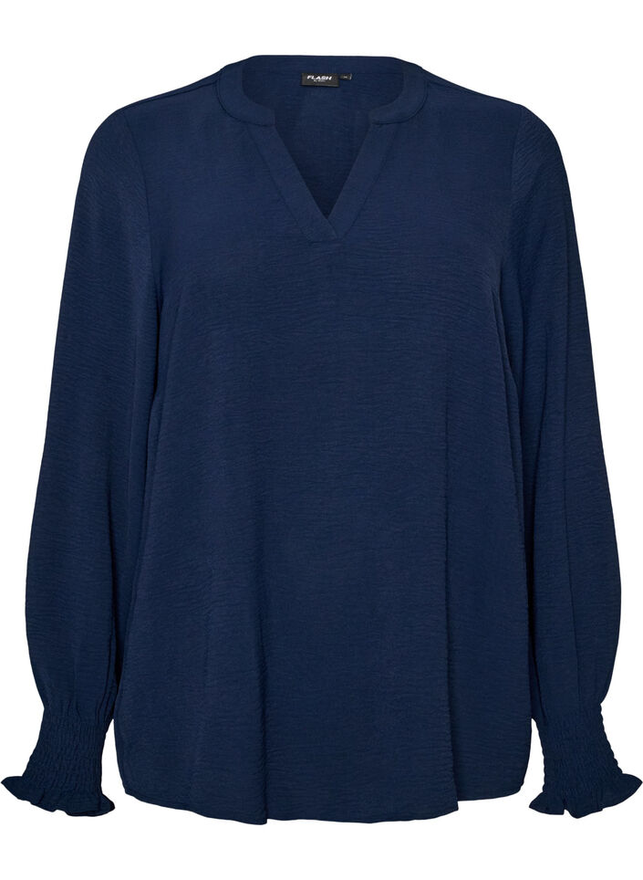 Blouse avec poignets smock&eacute;s et col en V, Bleu, Packshot image number 0