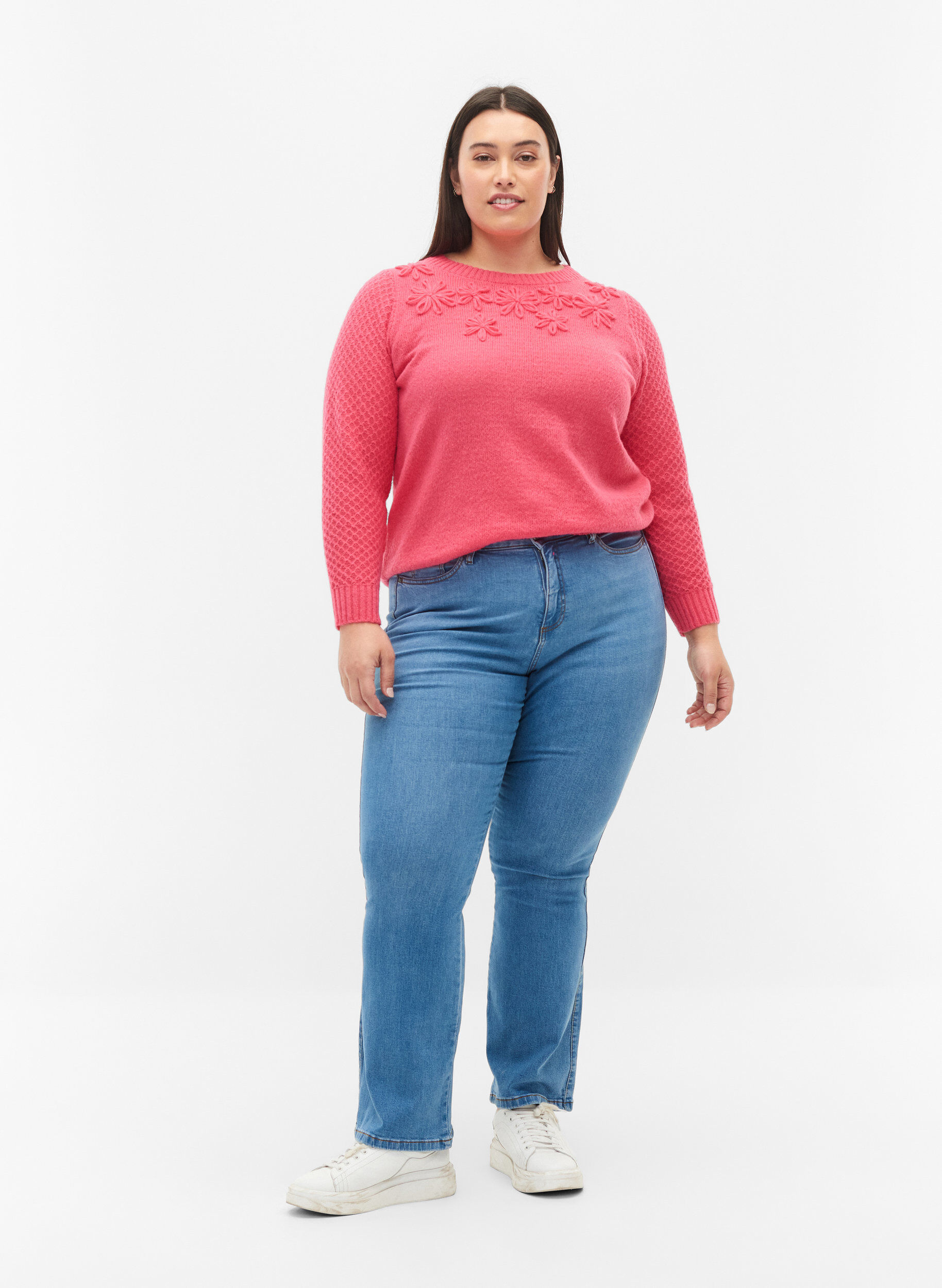 Zizzi Strickbluse mit Blumendetails, Hot Pink, Model image number 3