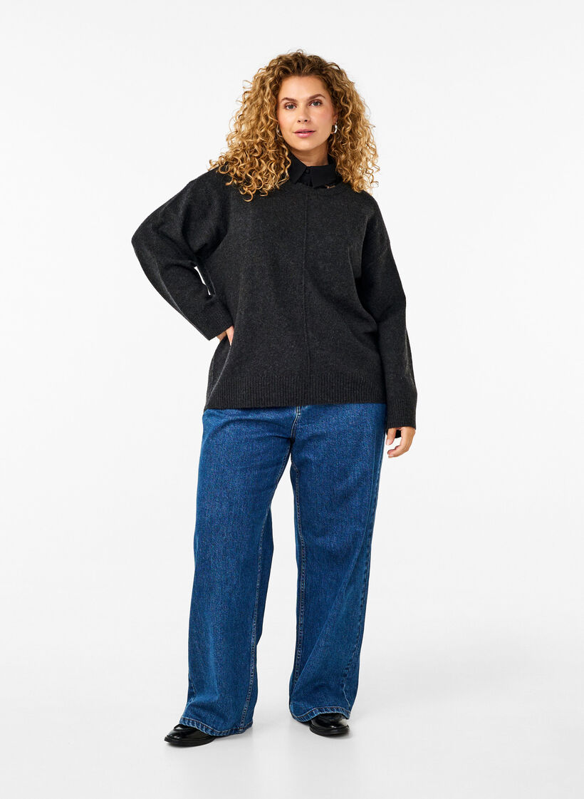 Chemisier en maille à col rond et couture centrale, Dark Grey Melange, Model image number 2