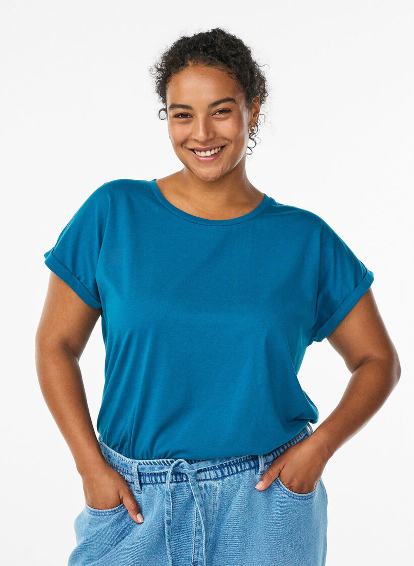 T-shirt &agrave; manches courtes en coton m&eacute;lang&eacute;, Bleu p&eacute;trole, Model image number 0