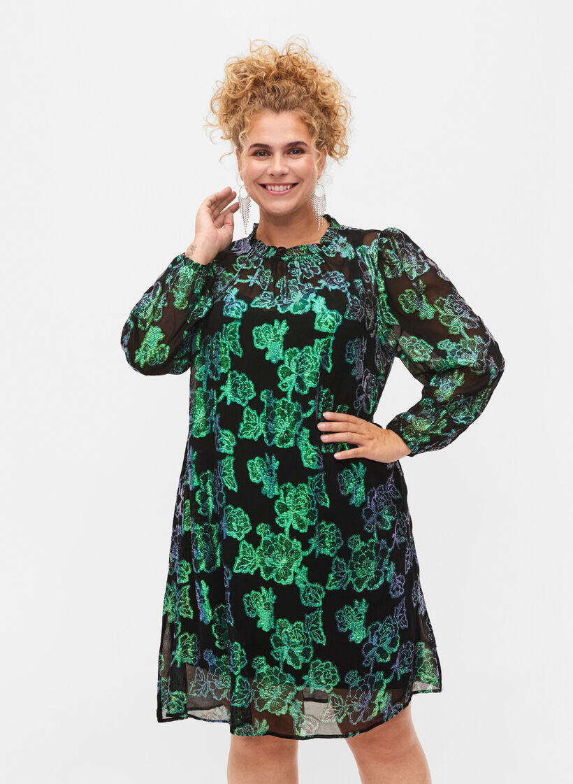 Robe en viscose à fleurs avec structure en lurex, Black w. Green Lurex, Model image number 0