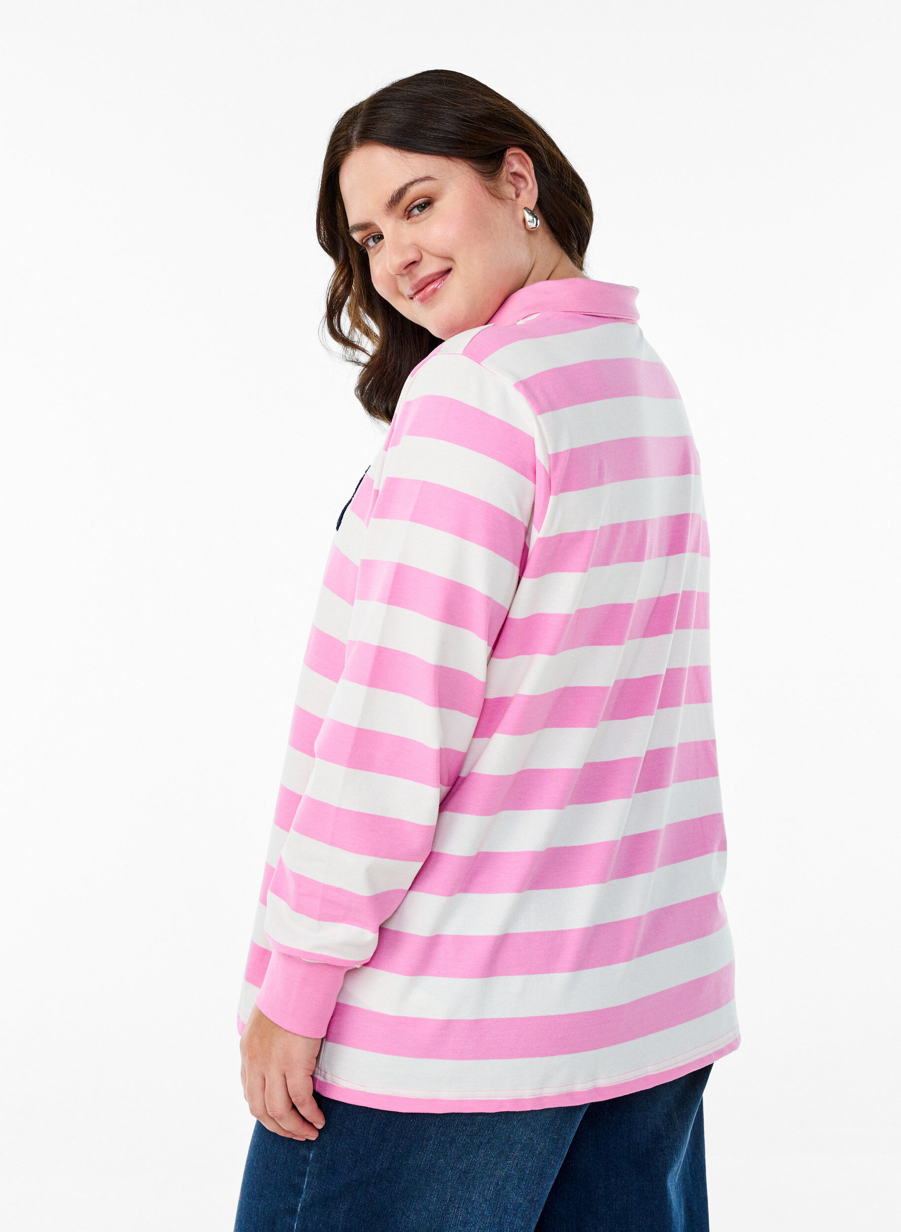 Zizzi Poloshirt mit Streifen und Frotteedetails, Bubblegum w. White, Model image number 1