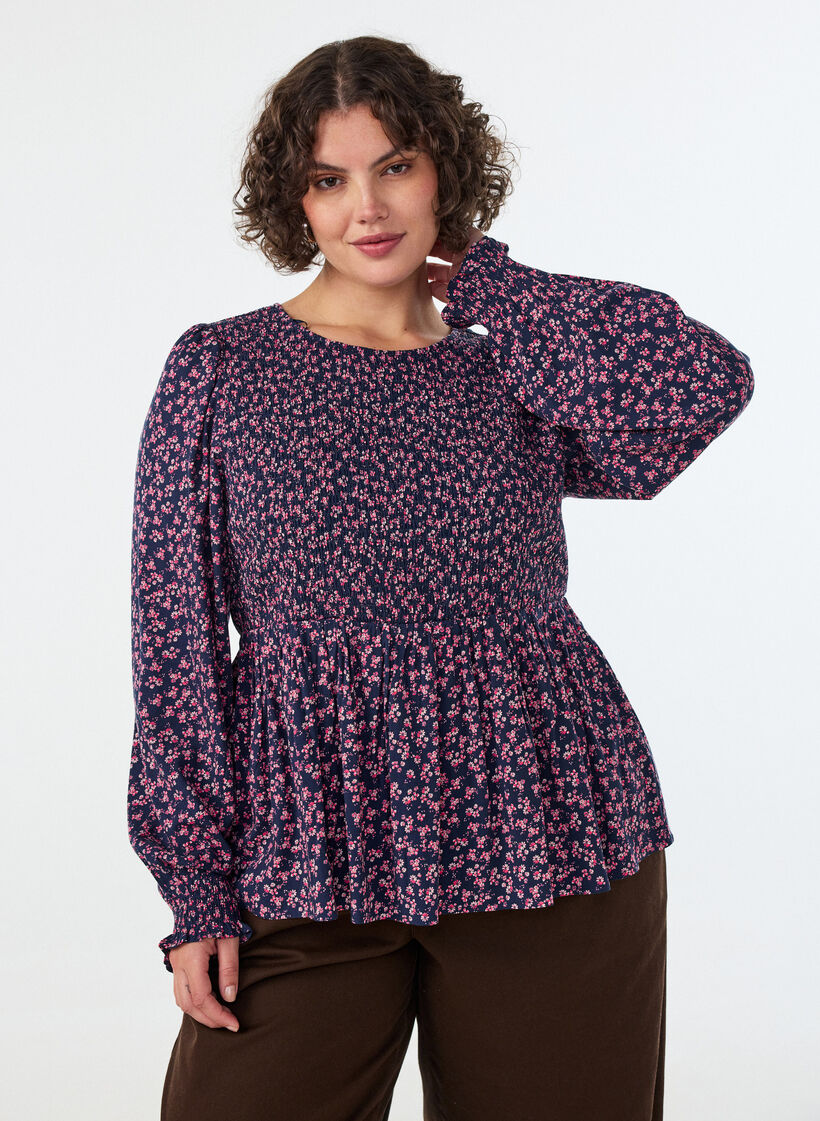 Blouse avec haut smock&eacute; et imprim&eacute; fleuri, Bleu, Model image number 2