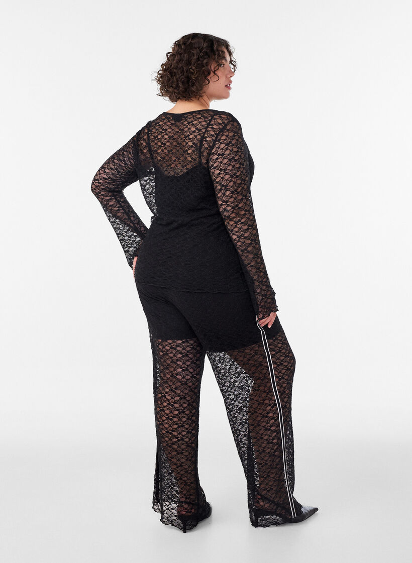 Pantalon &agrave; coupe ample en dentelle transparente, Noir, Model image number 1