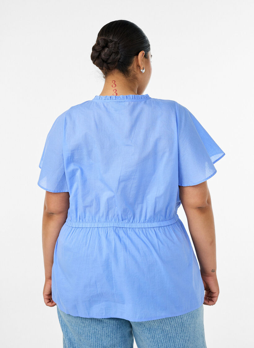 Baumwollbluse mit Bindeband und elastischer Taille, Blau, Model image number 2