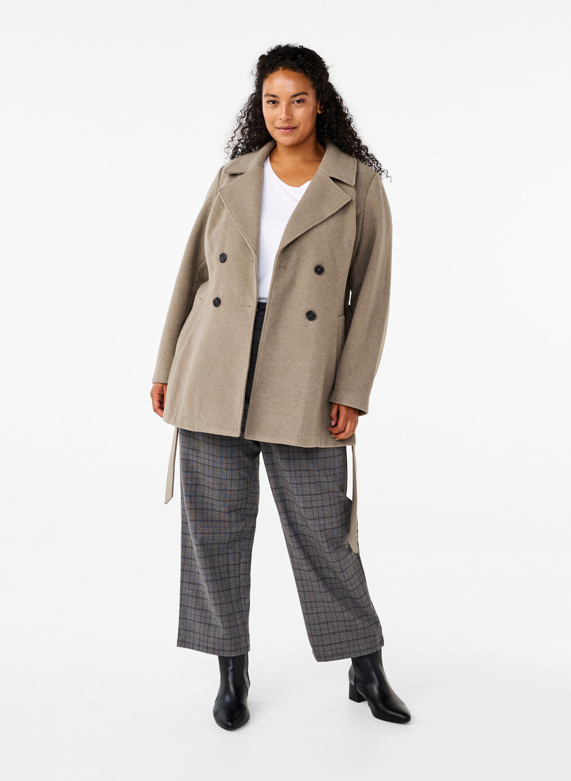 Zizzi Kurze Wolljacke mit G&uuml;rtel, Desert Taupe Mel., Model image number 2