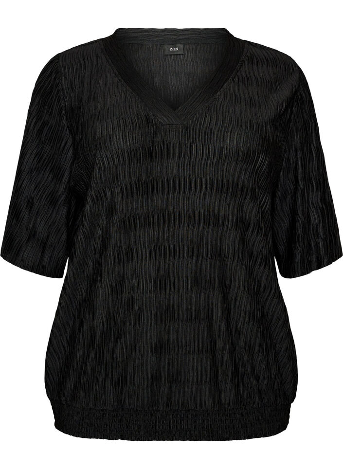 Bluse mit welliger Struktur und Ballonform, Schwarz, Packshot image number 0