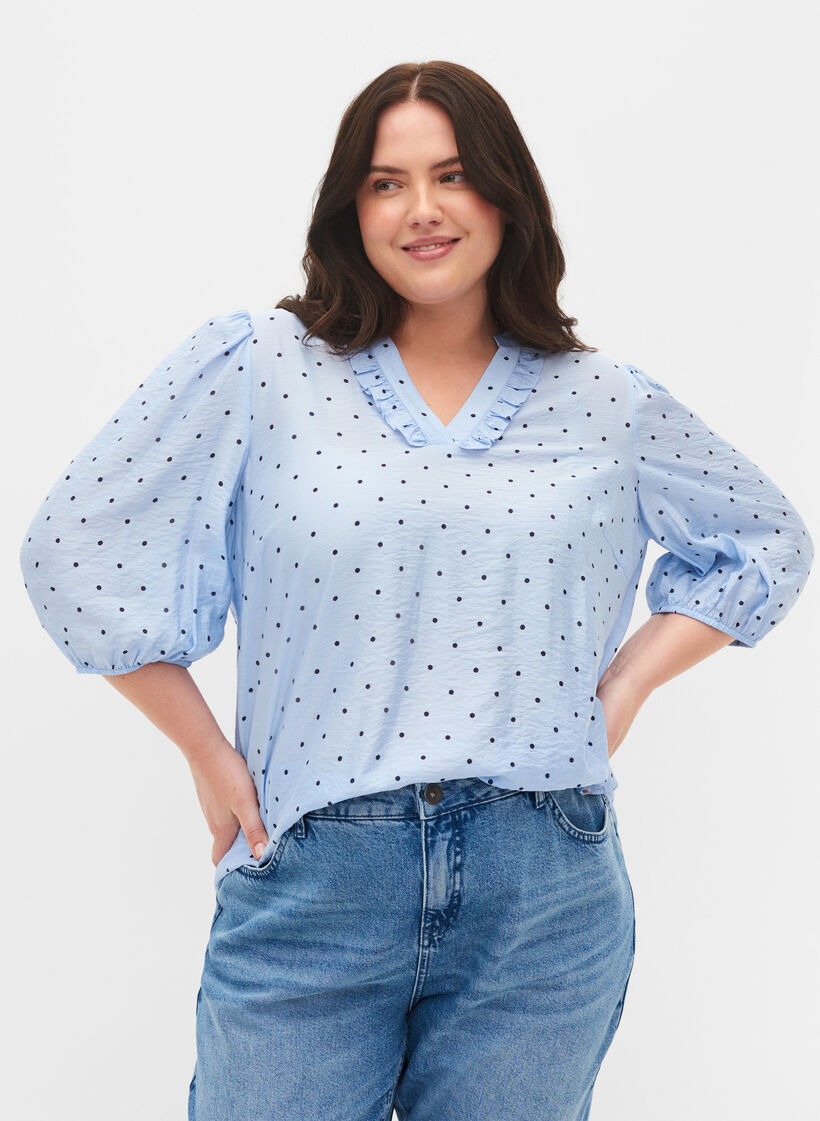 Punktebluse mit 3/4-Ärmeln aus Viskose, Light Blue Dot, Model image number 0