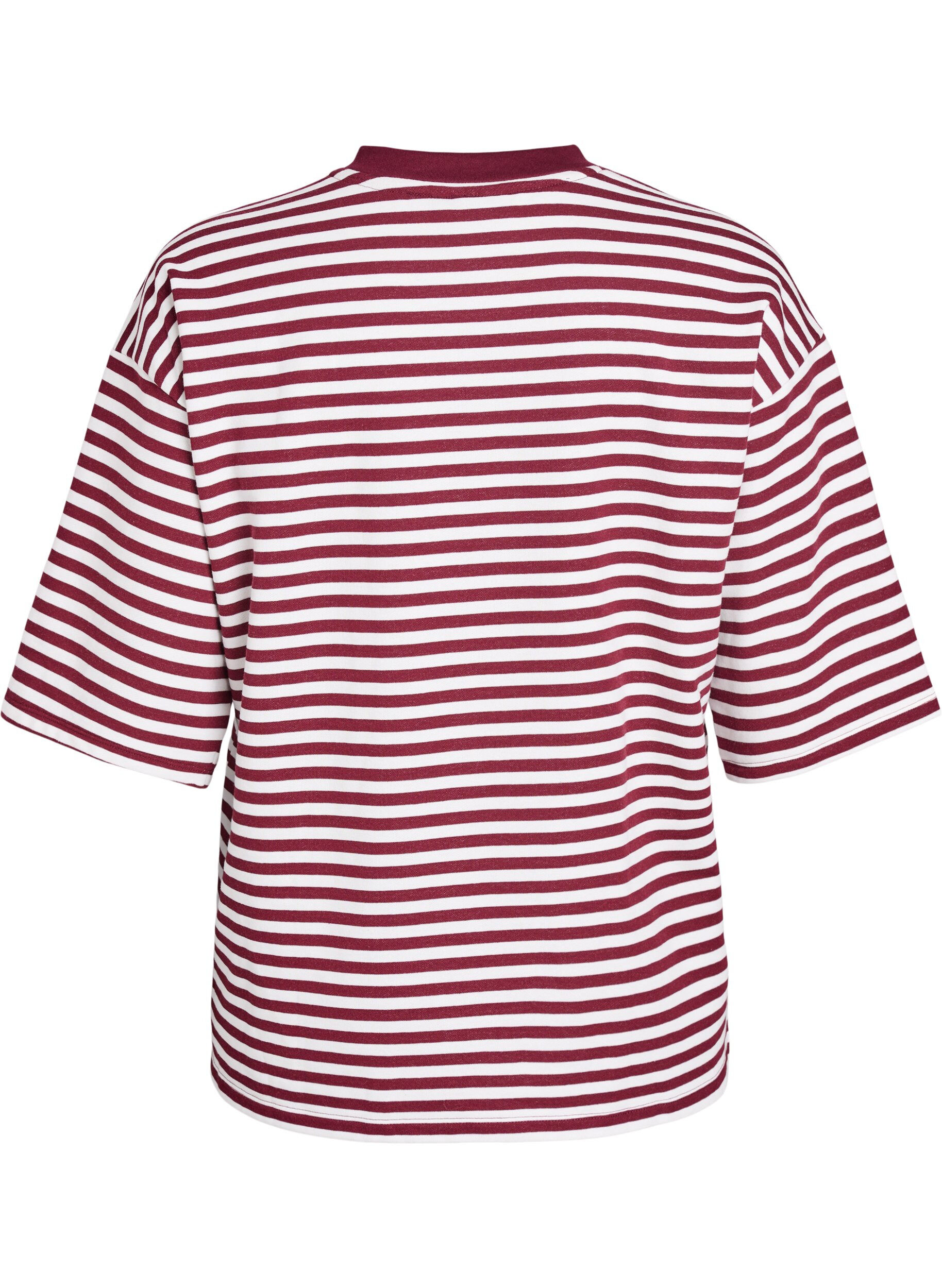 Zizzi Gestreifte Bluse mit 3/4 &Auml;rmeln und Knopfdetail, Rot, Packshot image number 1