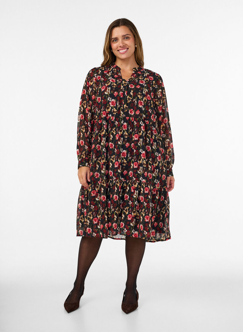 Kleid mit Allover-Muster und einer Volantlage, Schwarz, Model image number 0