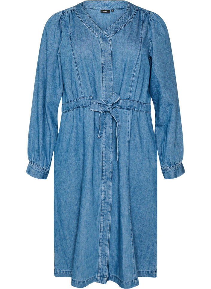 Robe en jean avec col en V et ceinture &agrave; nouer, Bleu Clair, Packshot image number 0