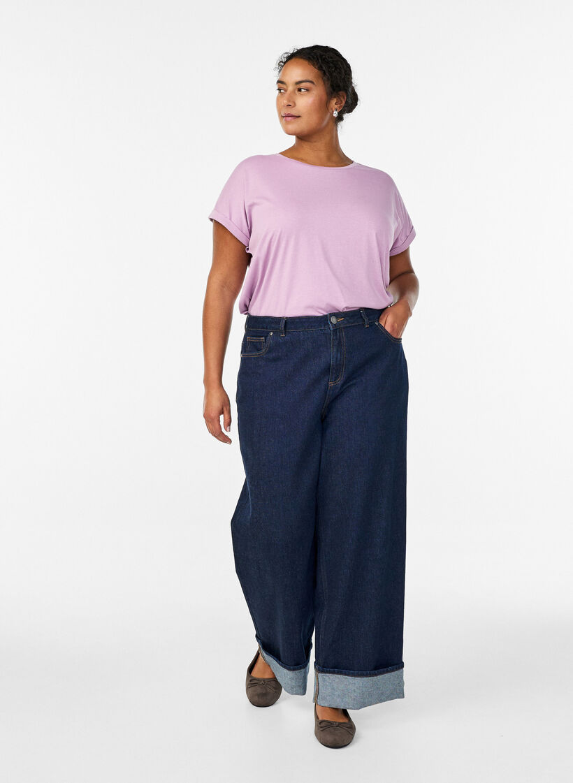 T-shirt &agrave; manches courtes en m&eacute;lange de coton, Mauve, Model image number 1