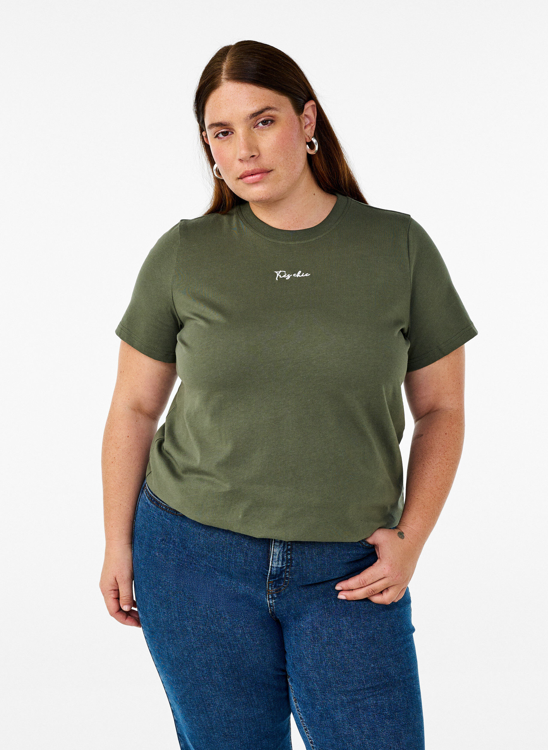 Zizzi T-shirt en coton et &agrave; d&eacute;tail de broderie, Vert, Model image number 0