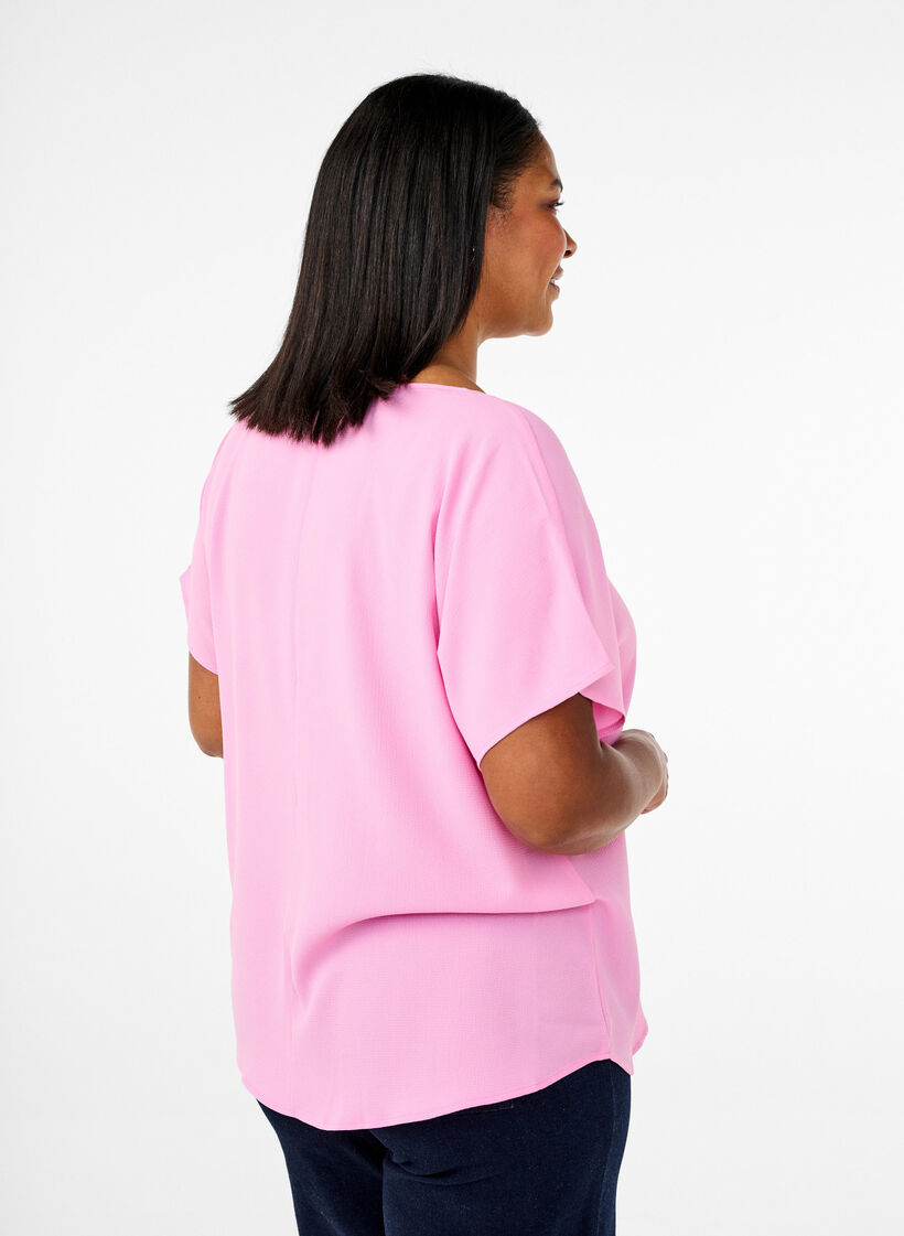 Bluse mit kurzen Ärmeln und einem Rundhalsausschnitt, Pink, Model image number 2