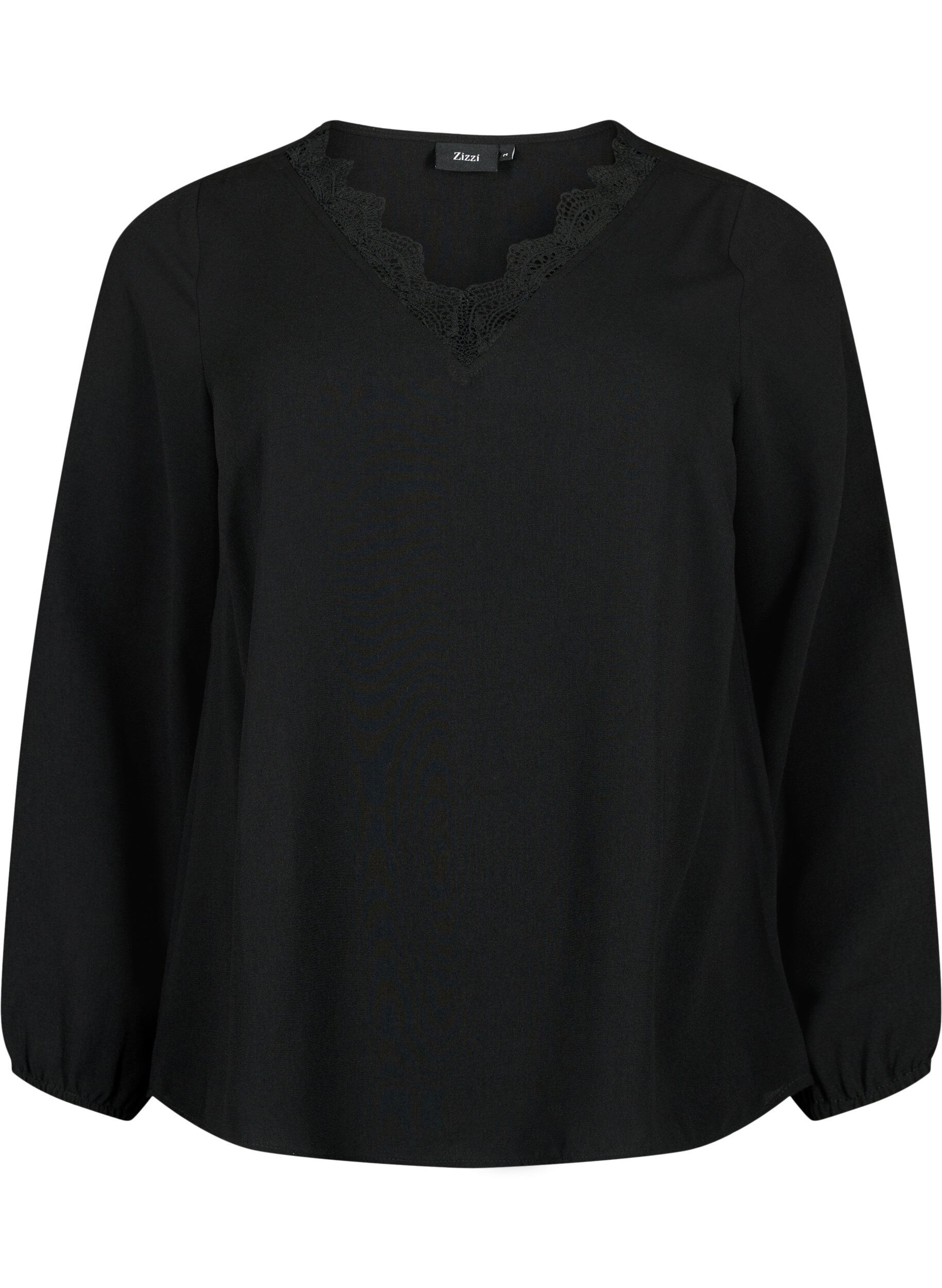 Zizzi Bluse mit V-Ausschnitt und Spitzenbesatz, Black, Packshot image number 0