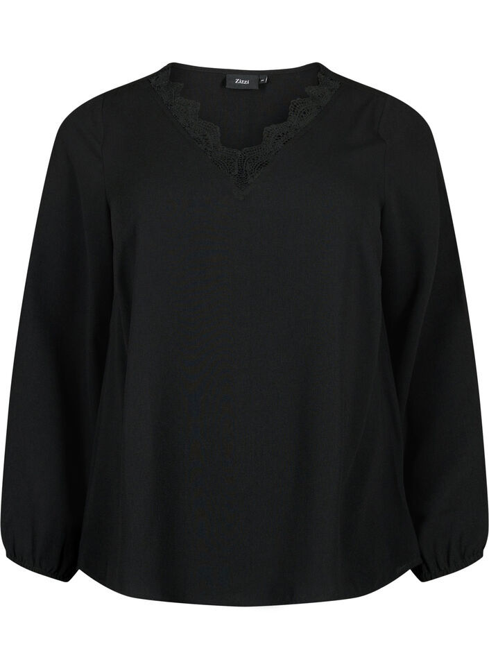 Bluse mit V-Ausschnitt und Spitzenbesatz, Black, Packshot image number 0
