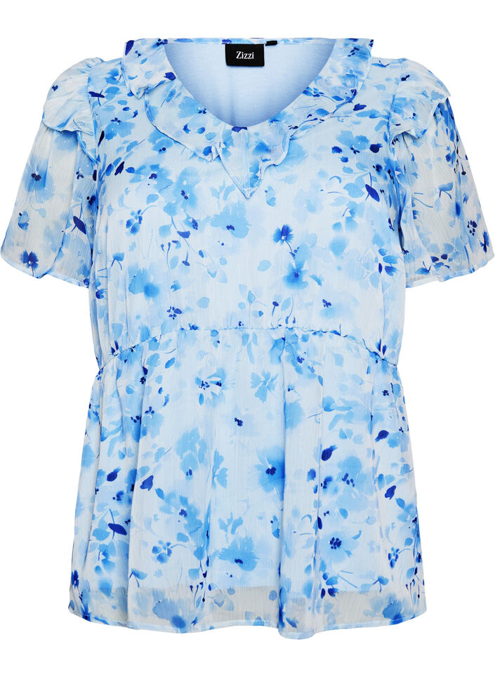 Blouse fleurie avec col &agrave; volants et effet peplum, Bleu, Packshot image number 0