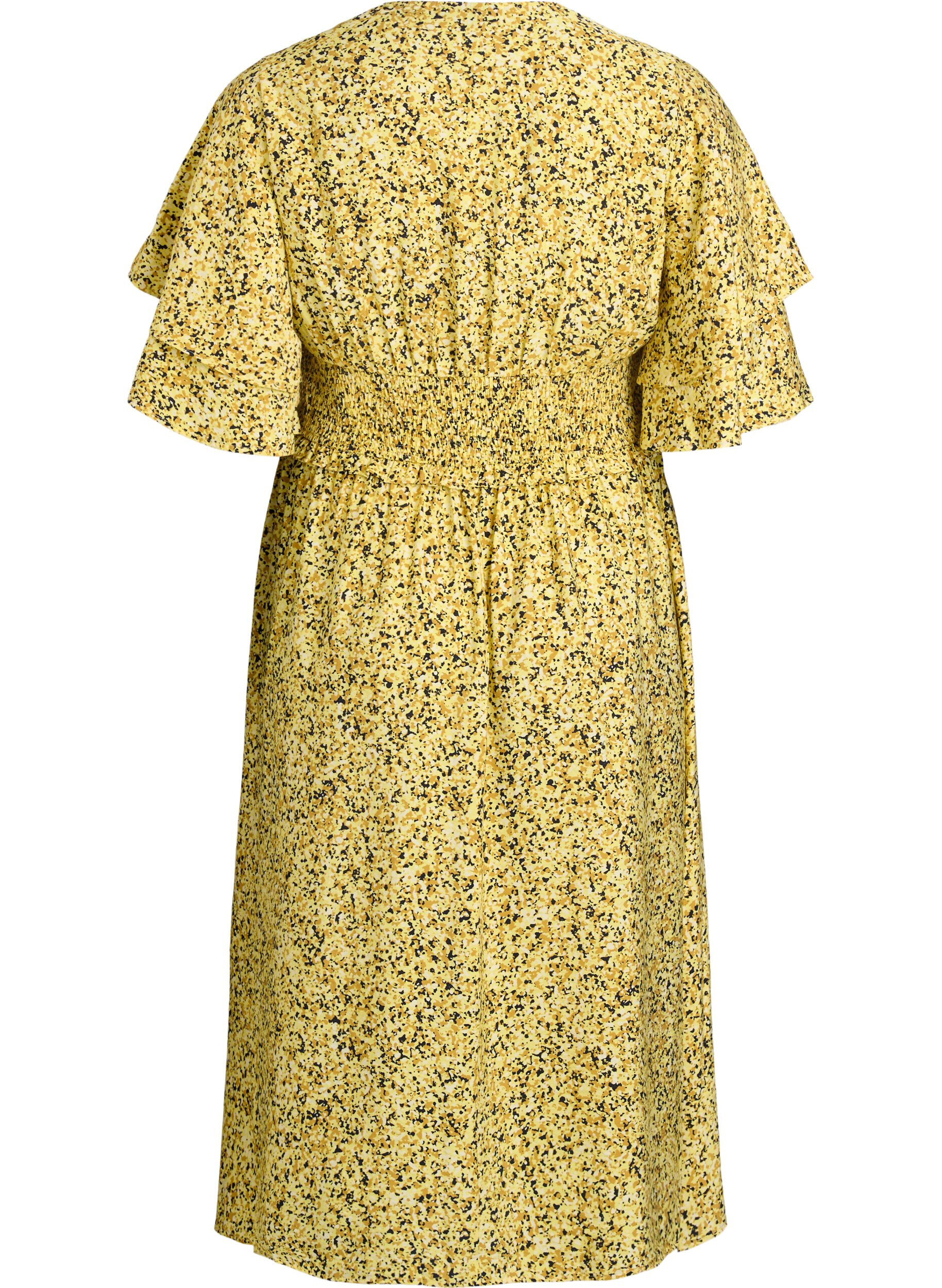 Zizzi Robe midi smock&eacute;e avec manches &agrave; volants, Jaune, Packshot image number 1