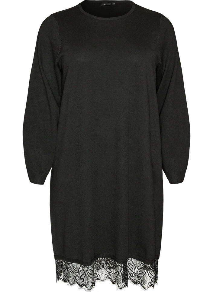 Robe courte en maille avec ourlet en dentelle, Noir, Packshot image number 0
