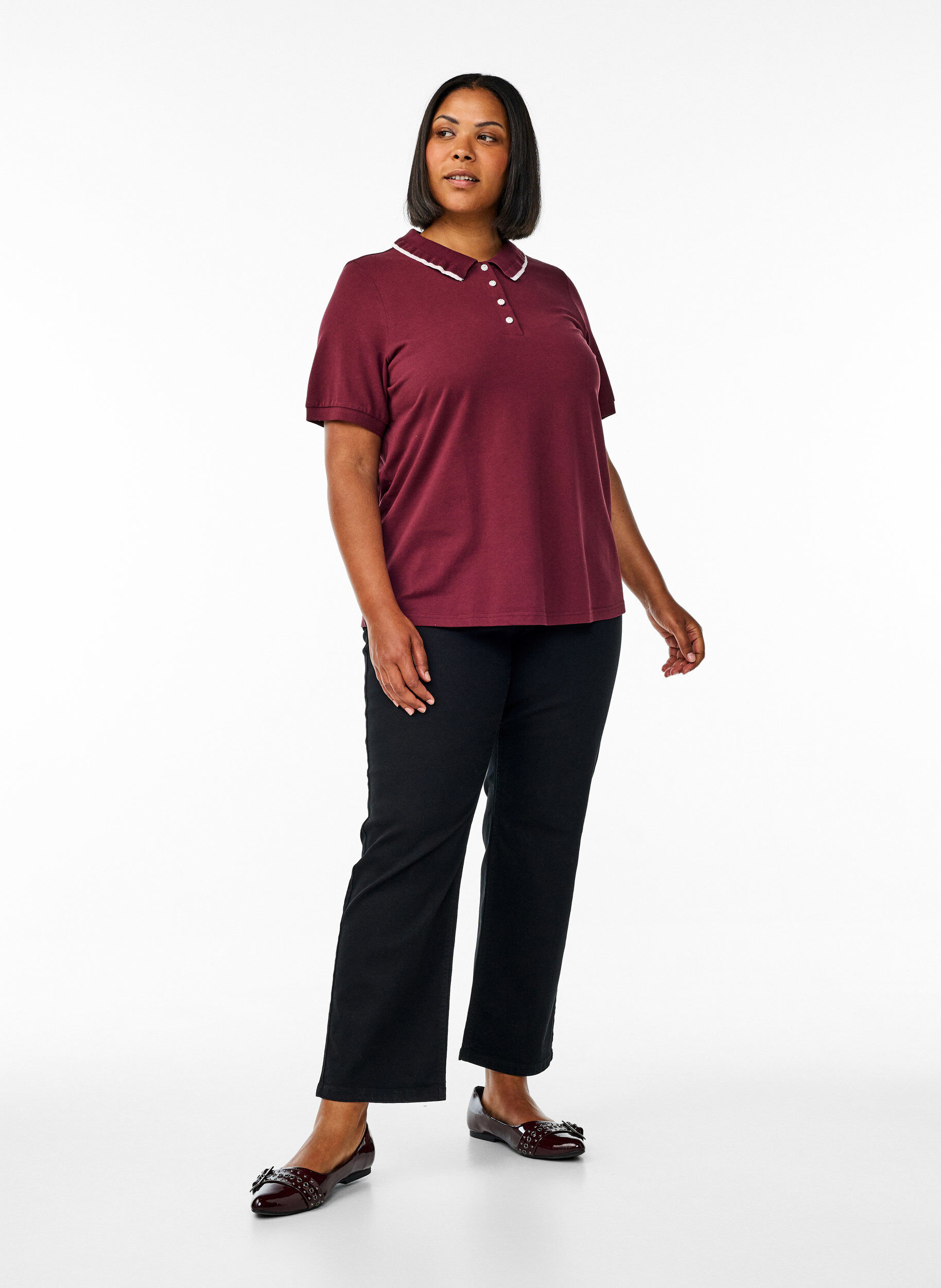 Zizzi Poloshirt mit Strasssteinen und R&uuml;schendetails, Rot, Model image number 1