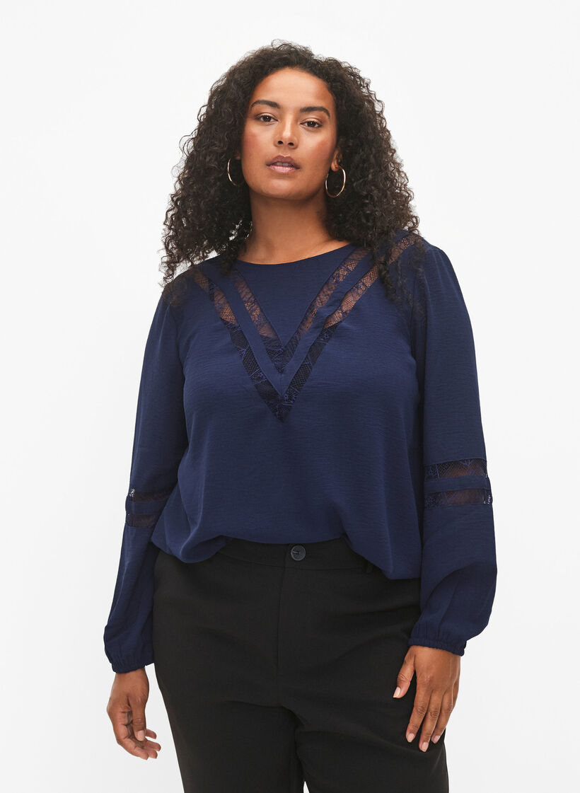 Langarm-Bluse mit Spitze, Navy Blazer, Model image number 0