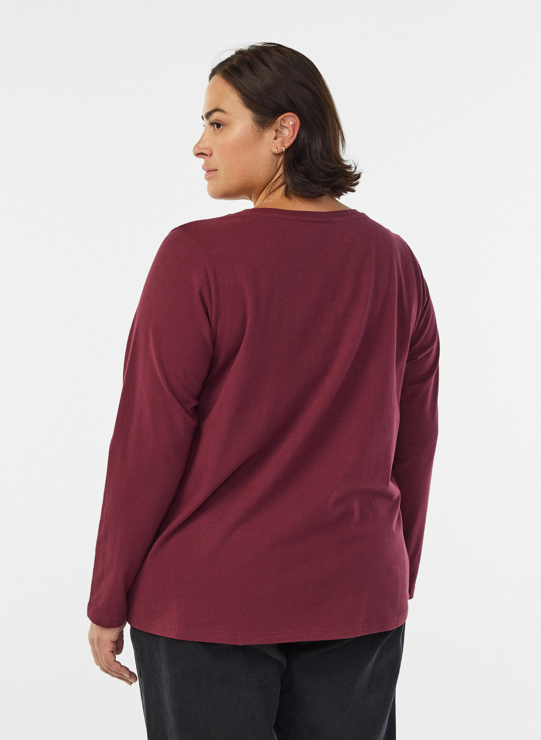 Zizzi Basic Top aus Jersey mit langen &Auml;rmeln, Dunkles Bordeaux, Model image number 2