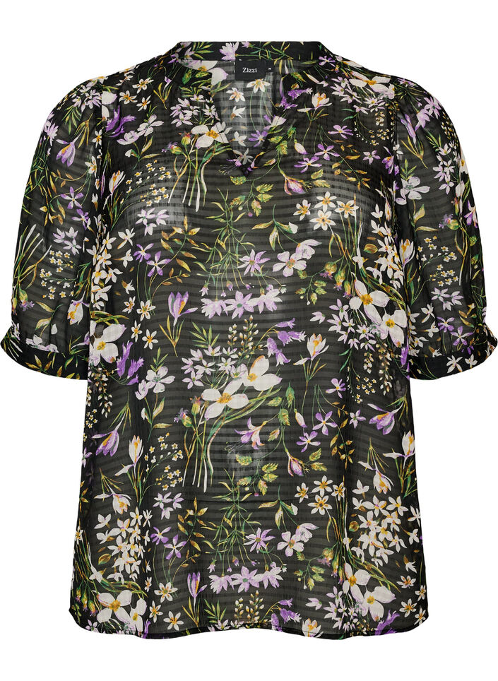 Gebl&uuml;mte Bluse mit V-Ausschnitt, Schwarz, Packshot image number 0