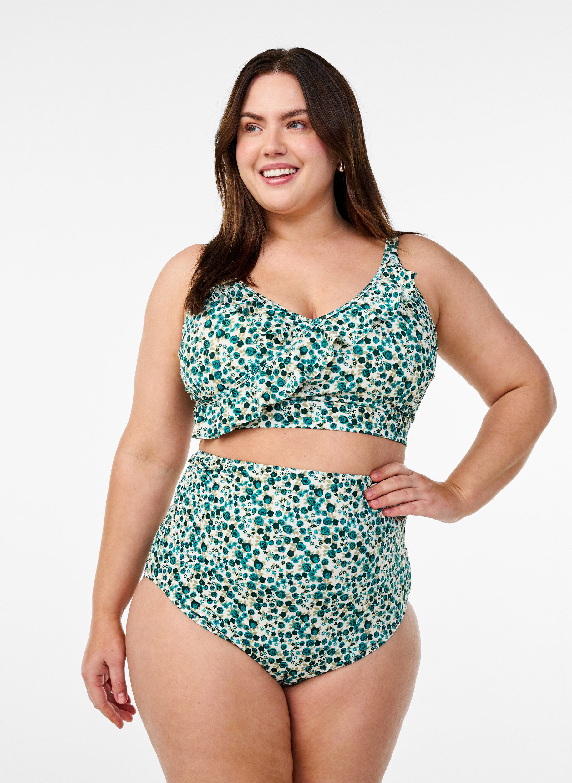 Zizzi Extra hoch taillierter Bikini-Slip mit Blumenmuster, Gr&uuml;n, Model image number 0