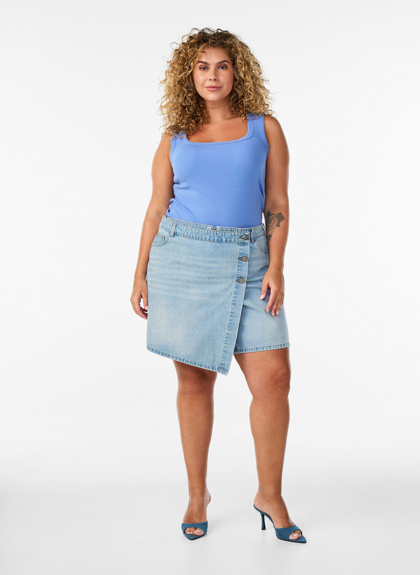 Denimskort mit Wickeloptik und hoher Taille, Blau, Model image number 1