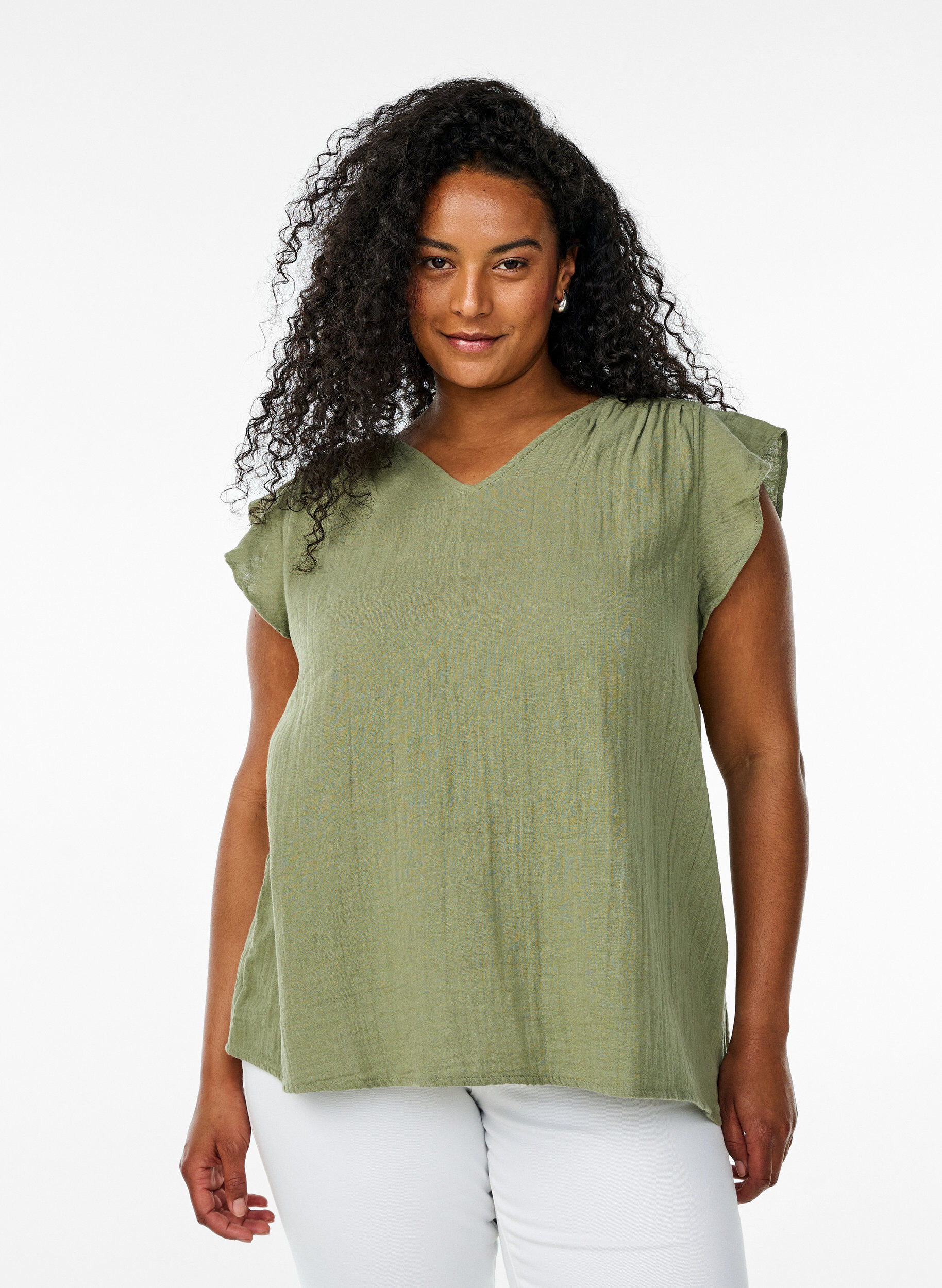 Zizzi Top sans manches en mousseline de coton avec volants, Vert, Model image number 0