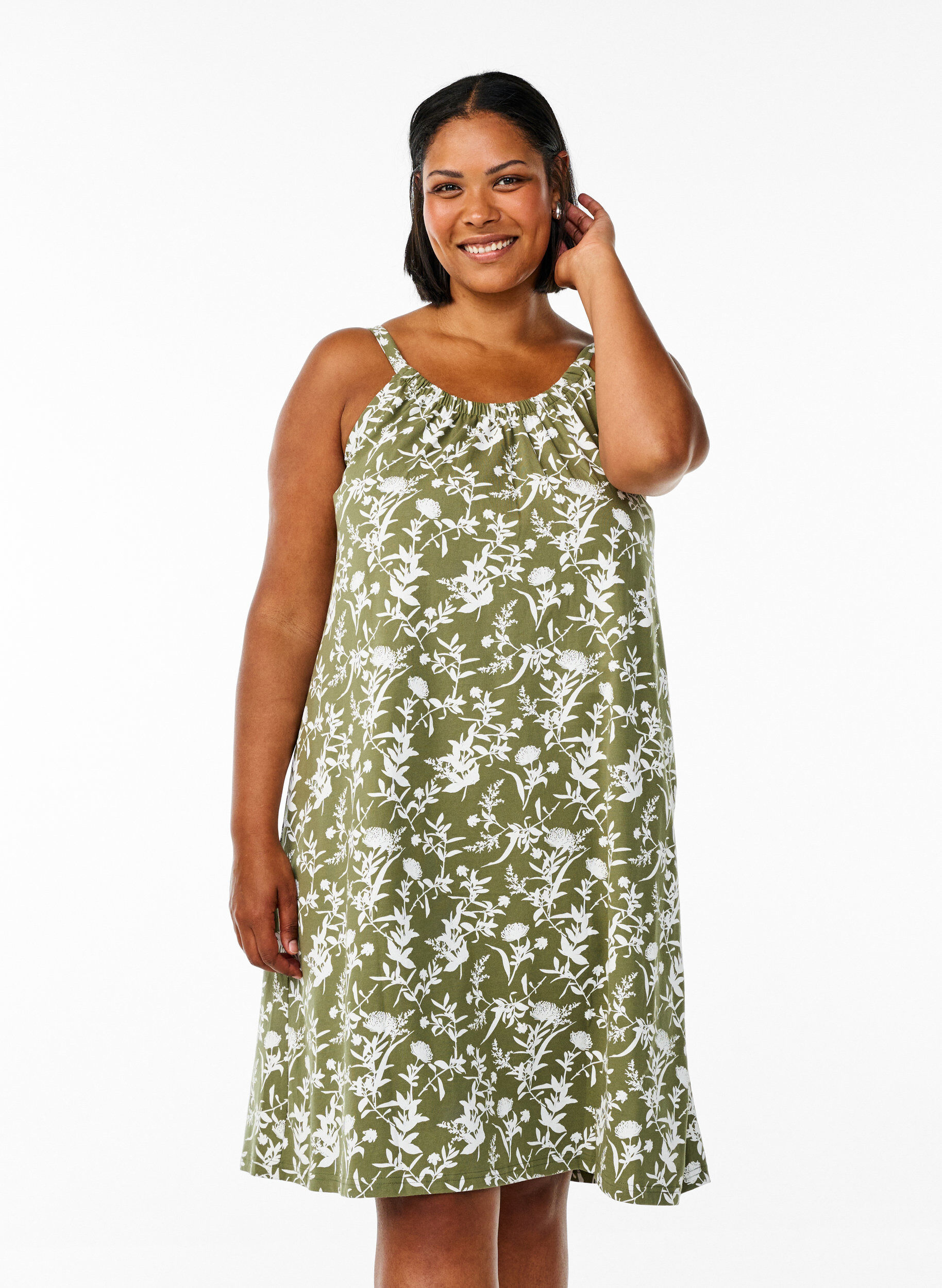 Zizzi Robe &agrave; bretelles midi en coton bio, Vert, Model image number 0