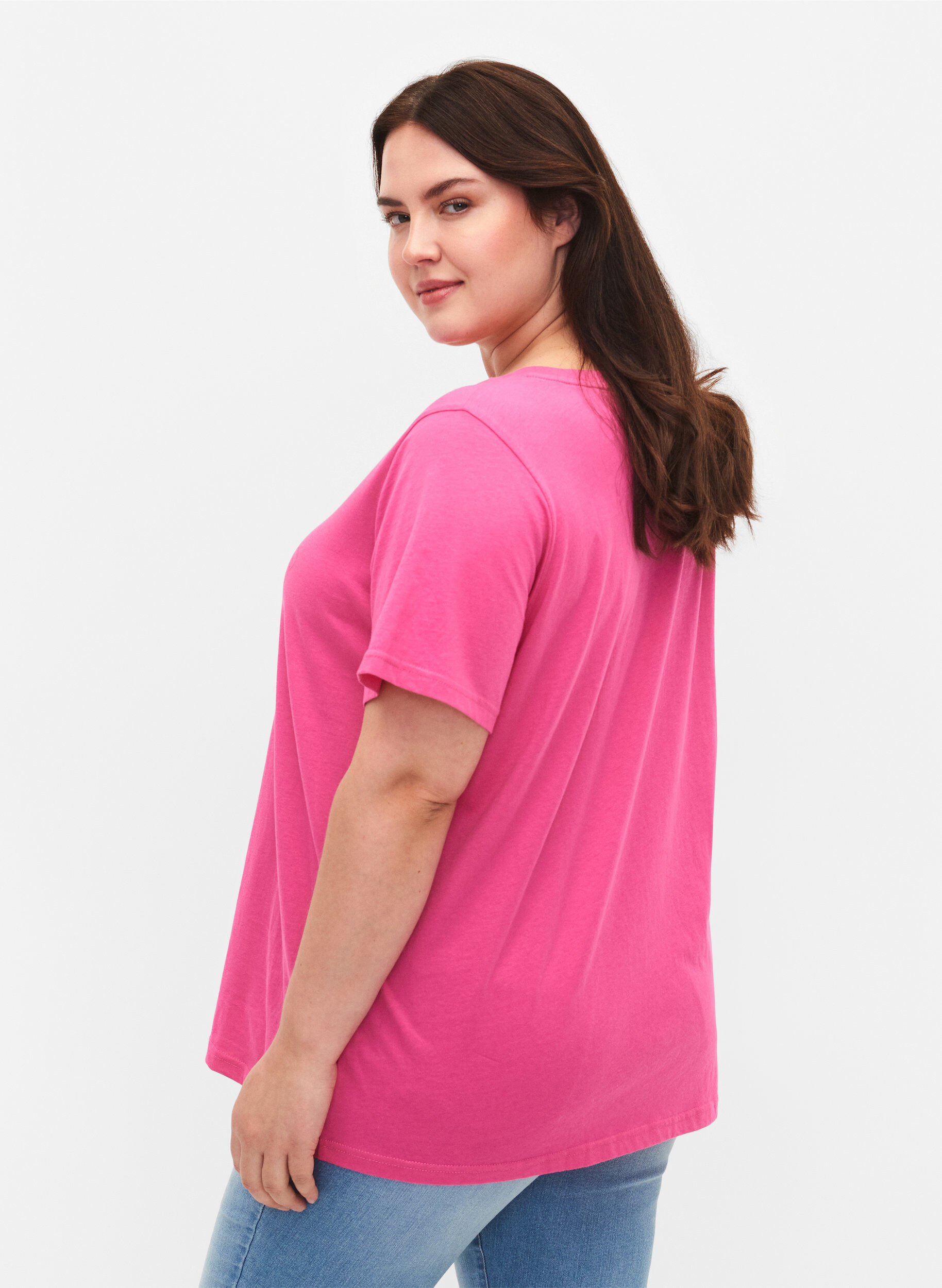 Zizzi T-Shirt aus Baumwolle mit Textprint, Shocking Pink W. LOS, Model image number 1