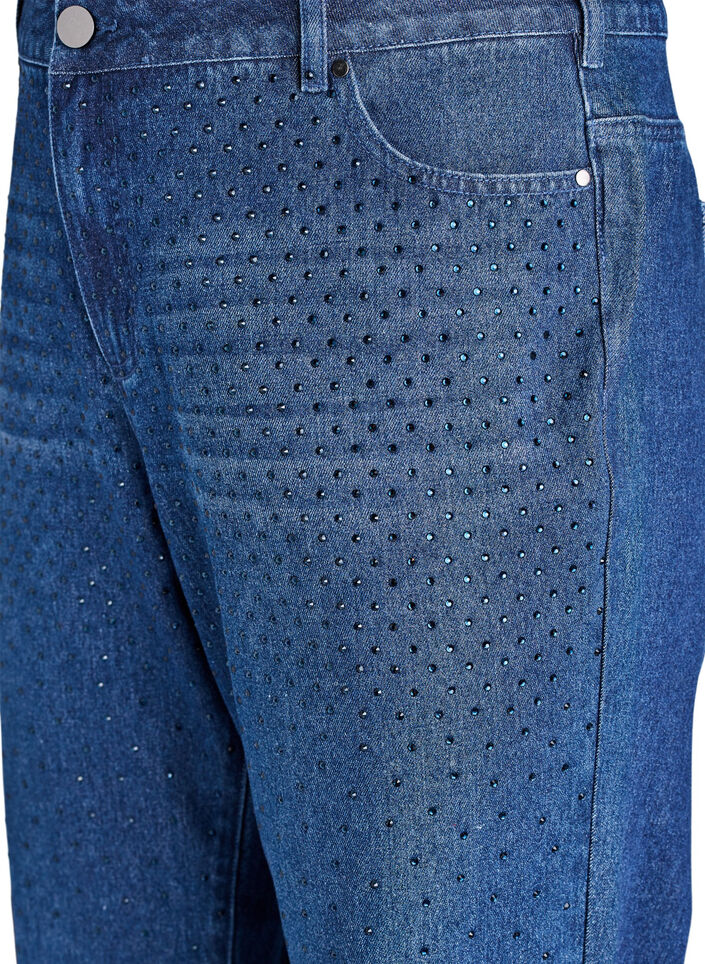 Jean taille haute à coupe droite avec strass, Bleu, Packshot
