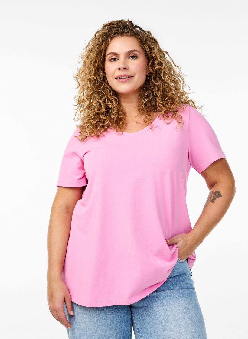 Einfarbiges basic T-Shirt aus Baumwolle, Pink, Model image number 0