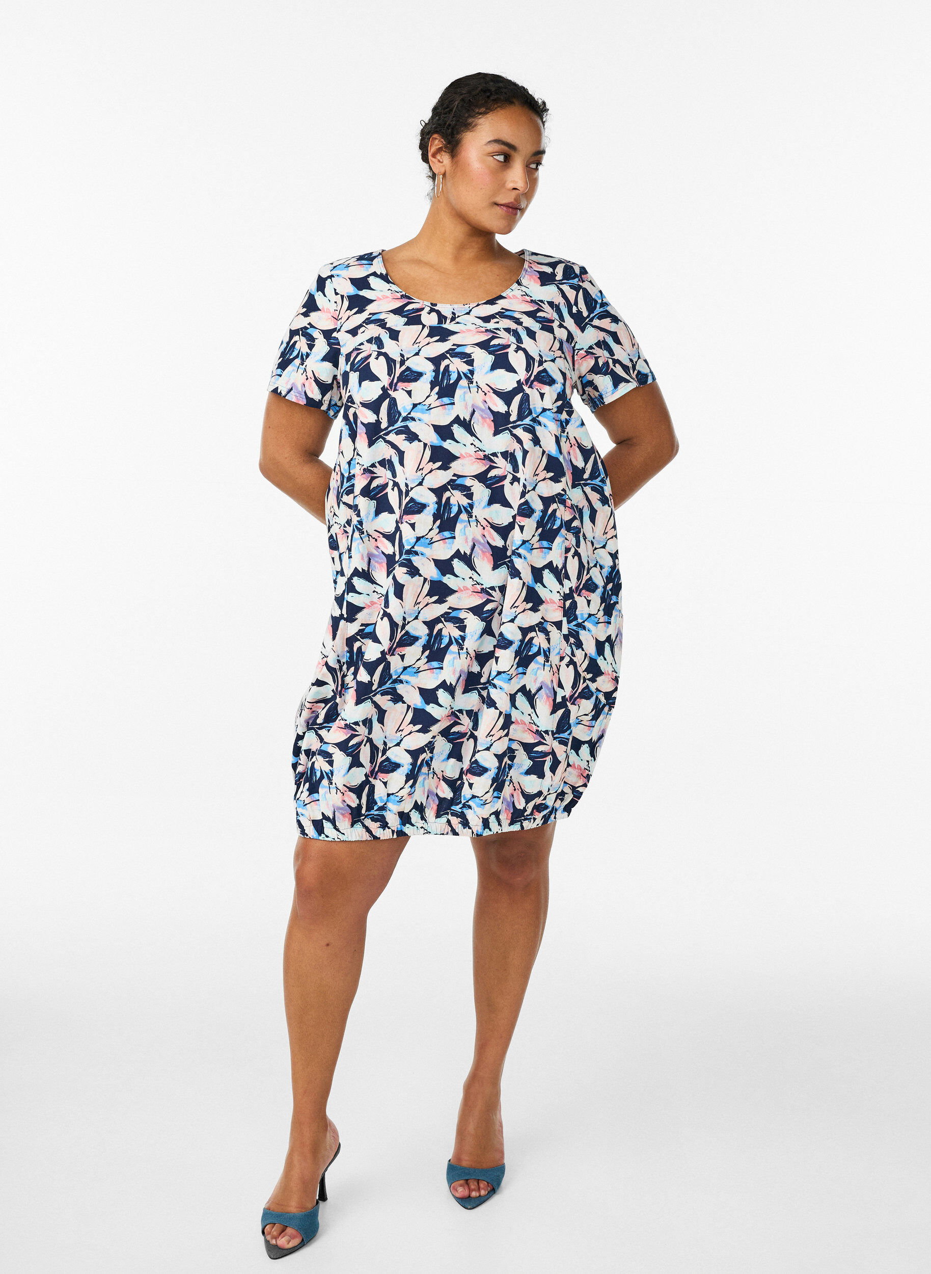 ZizziRobe en coton &agrave; manches courtes avec imprim&eacute;, Bleu, Model image number 1