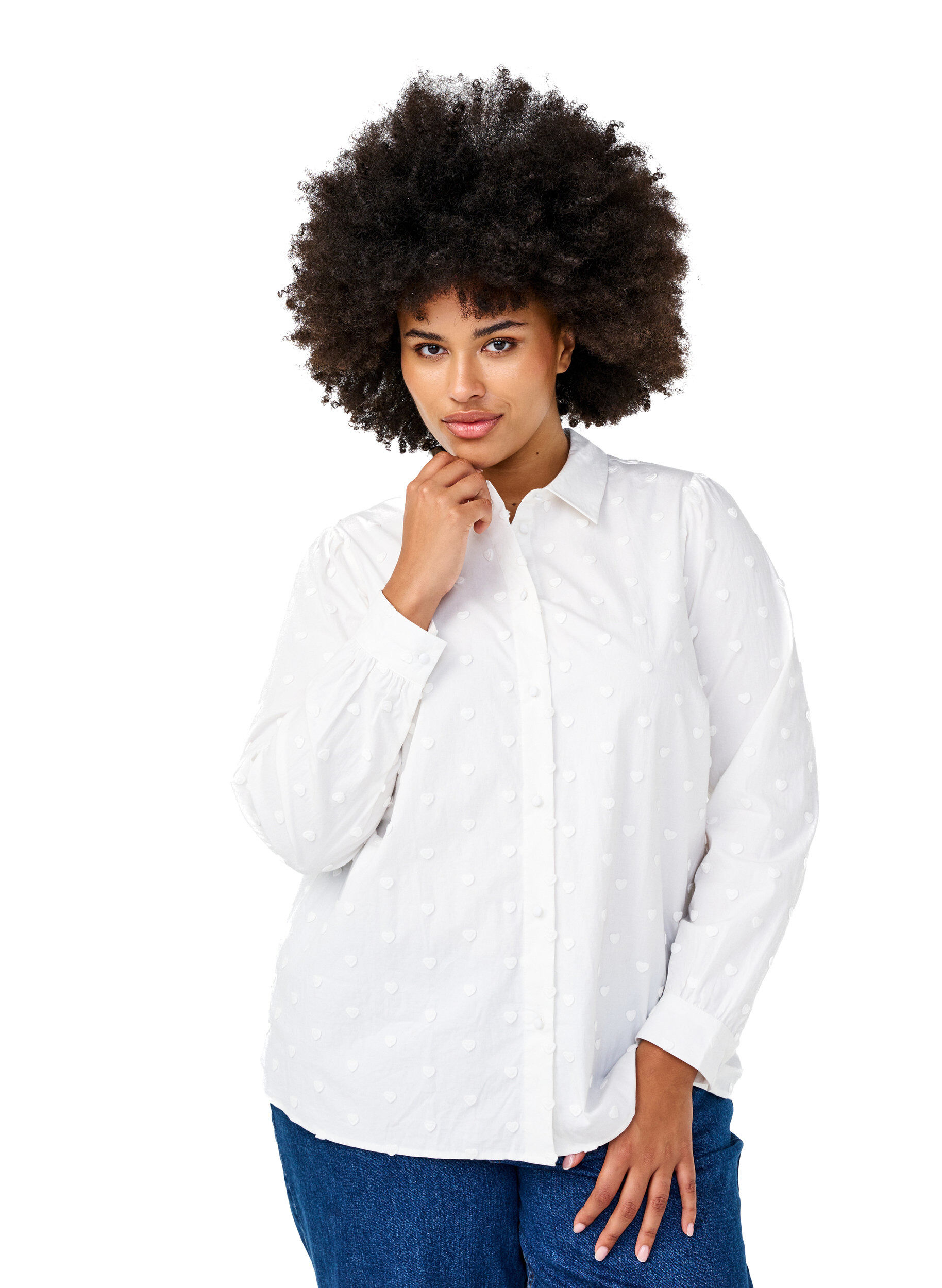 Zizzi Bluse mit Stehkragen und aufgen&auml;hten Herzen, Wei&szlig;, Model image number 0
