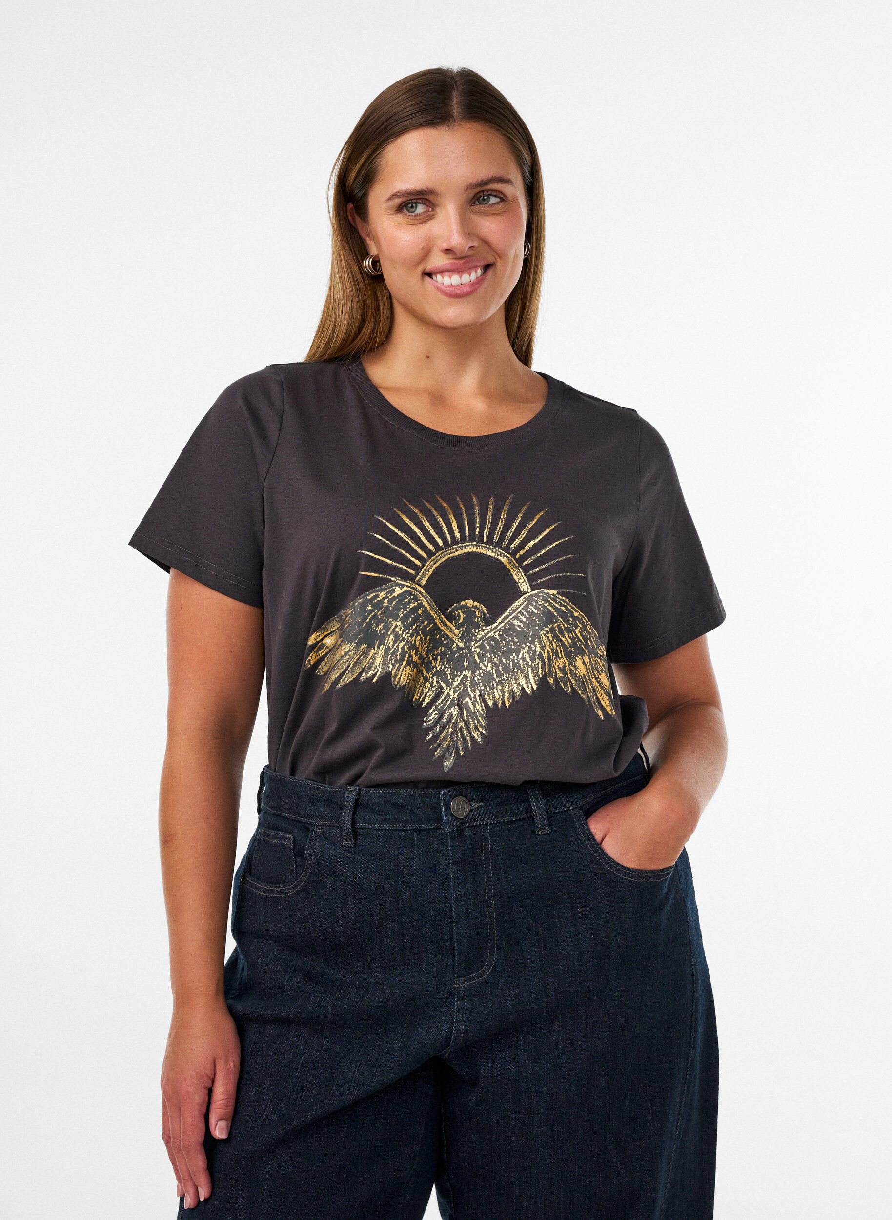 T-Shirt aus Baumwolle mit Frontprint, Grau, Model