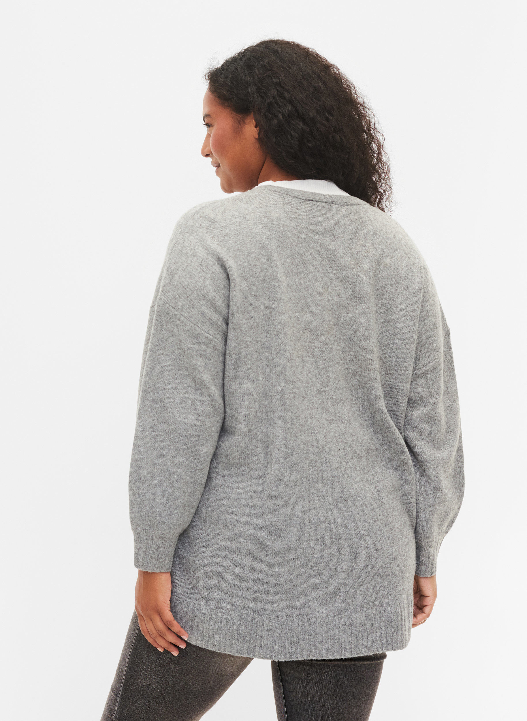Zizzi Langer Strick-Cardigan mit Rei&szlig;verschluss und Taschen, Medium Grey Melange, Model image number 1