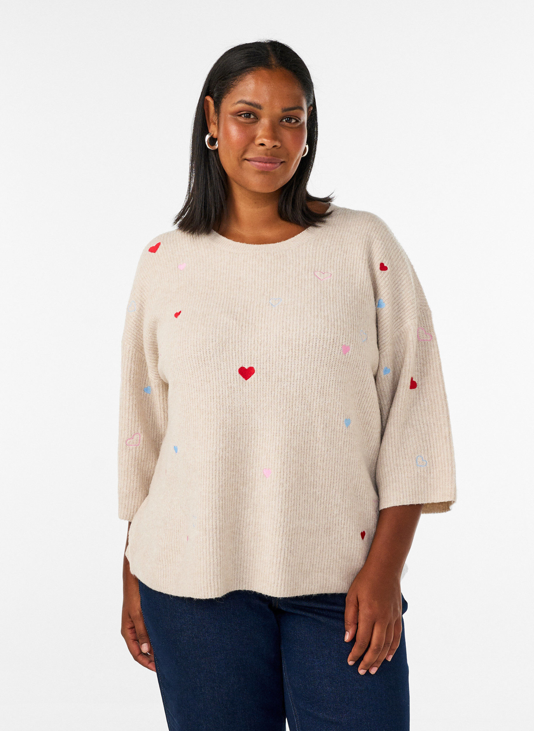 Chemisier en jersey avec des c&oelig;urs et manches 3/4, Beige, Model