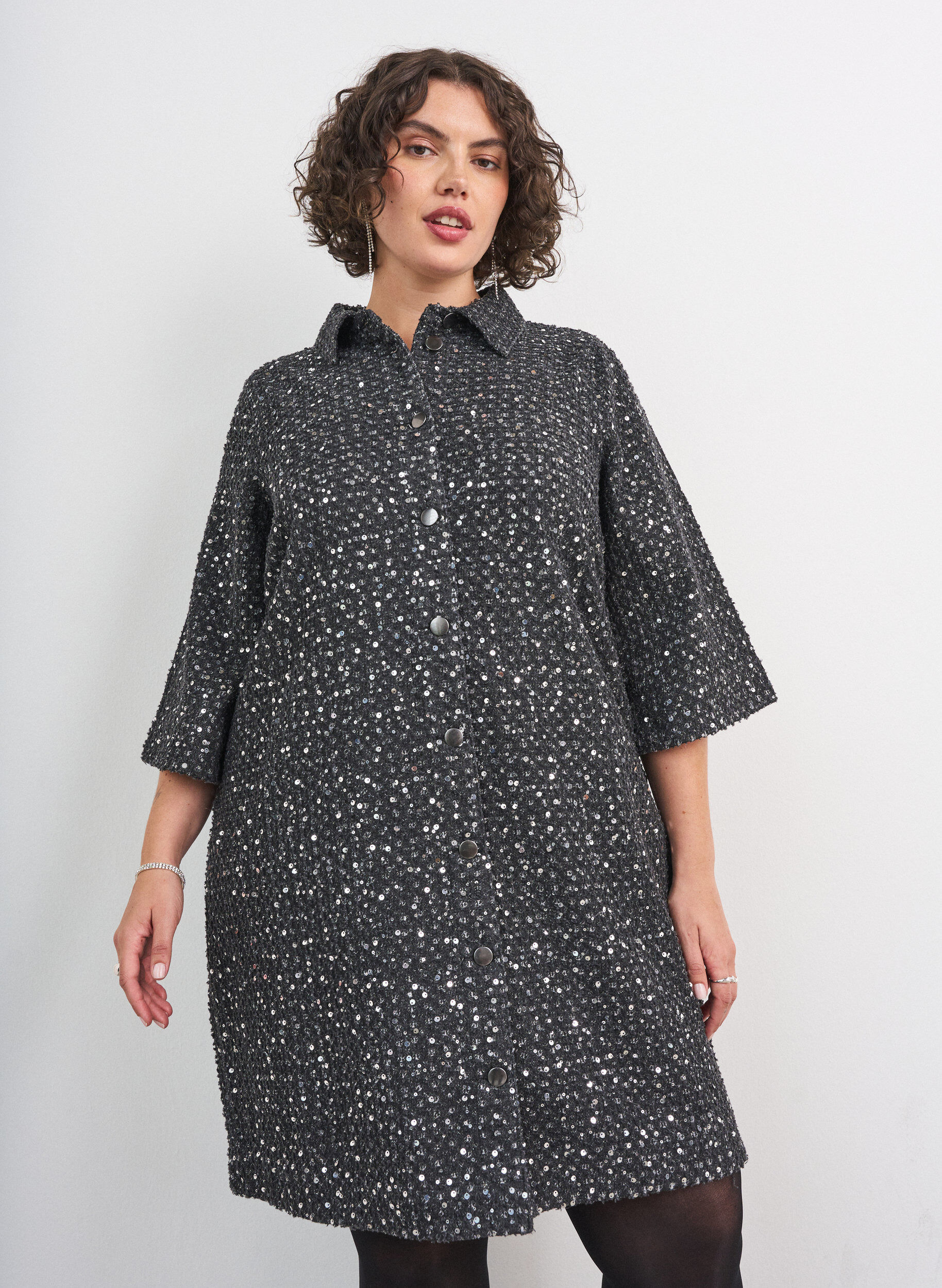 ZizziRobe en denim avec sequins et manches 3/4, Noir, Model image number 0