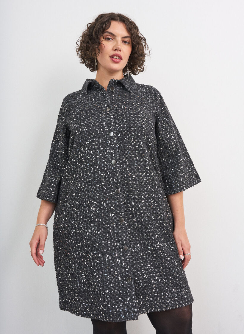 Robe en denim avec sequins et manches 3/4, Noir, Model image number 0