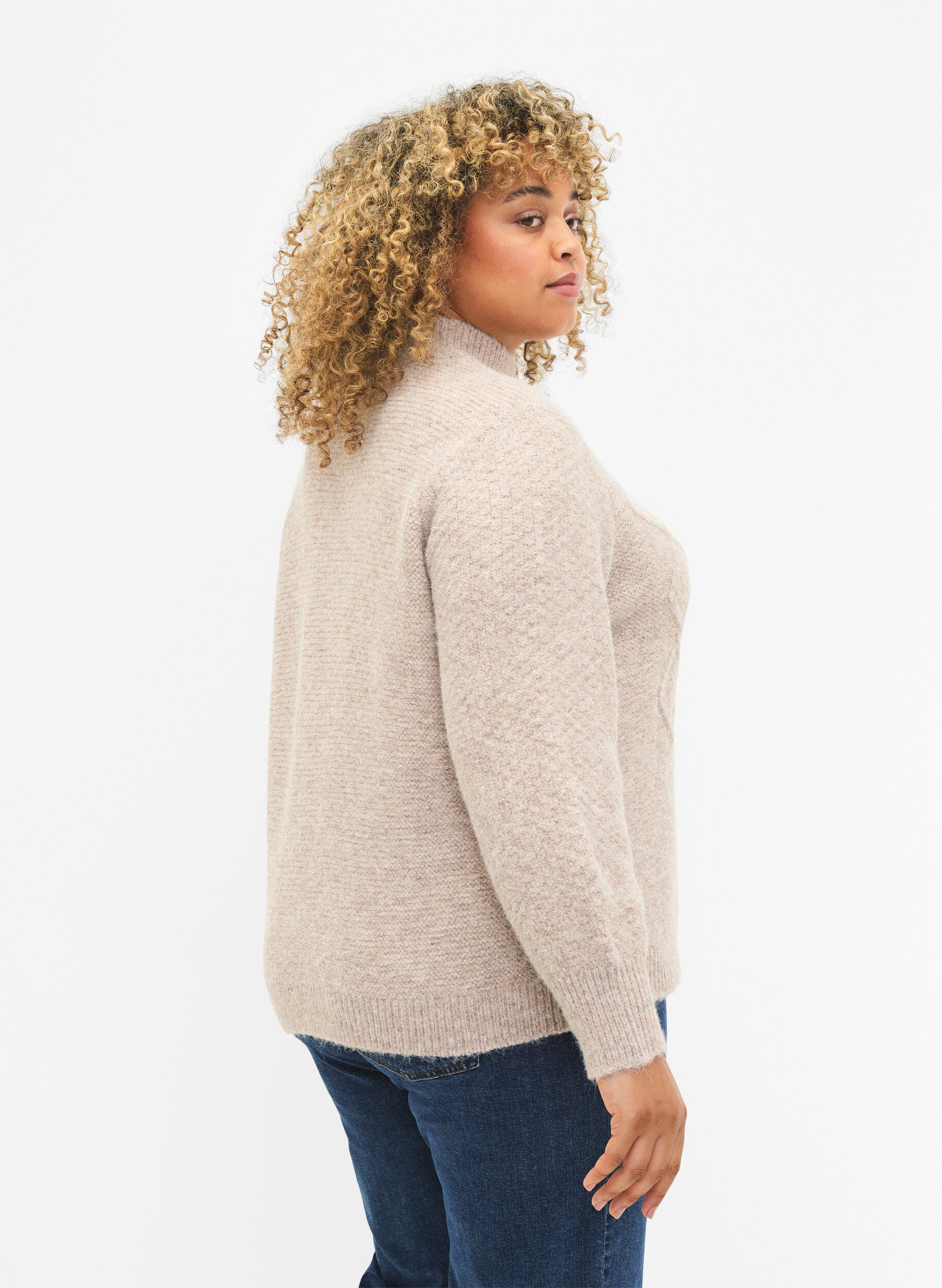 Zizzi Gemusterter Strickpullover mit Rollkragen, Simply Taupe Mel., Model image number 1