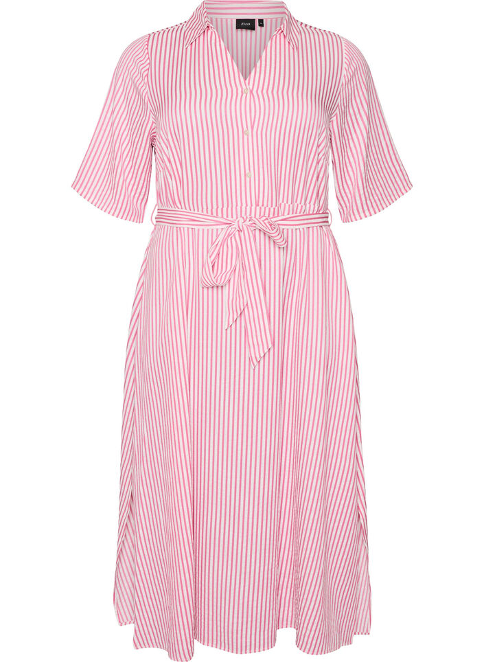 Kn&ouml;chellanges Hemdblusenkleid mit Bindeg&uuml;rtel und Streifen, Pink, Packshot image number 0