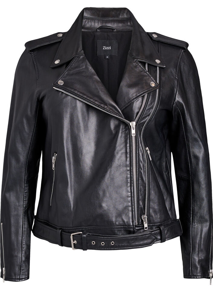 Veste motard en cuir avec ceinture, Noir, Packshot image number 0