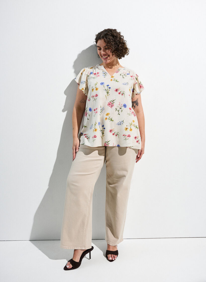 Bluse aus Viskose und Leinen mit R&uuml;schen&auml;rmeln, Beige, Image image number 0