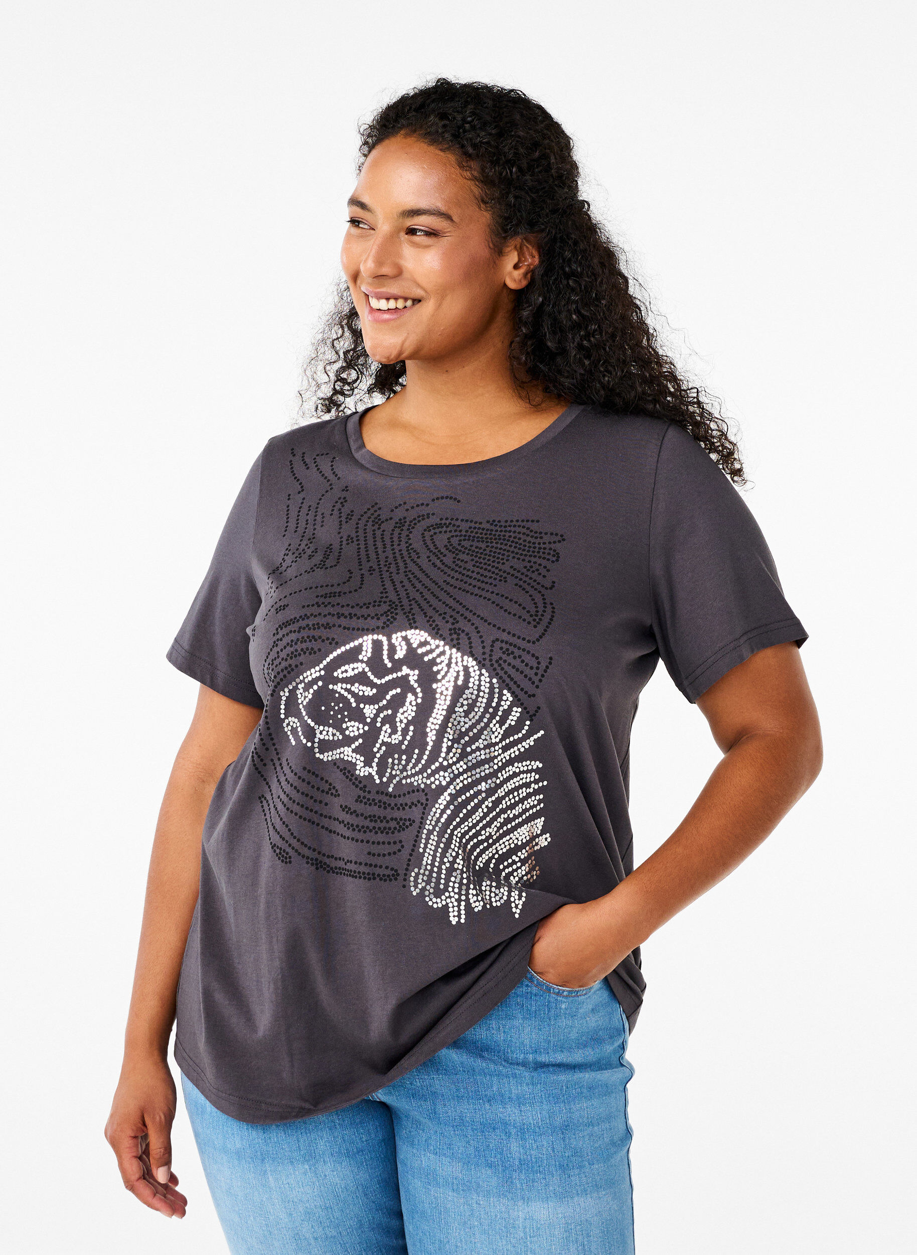 Zizzi T-shirt en coton avec impression, Asphalt w. Tiger, Model image number 0