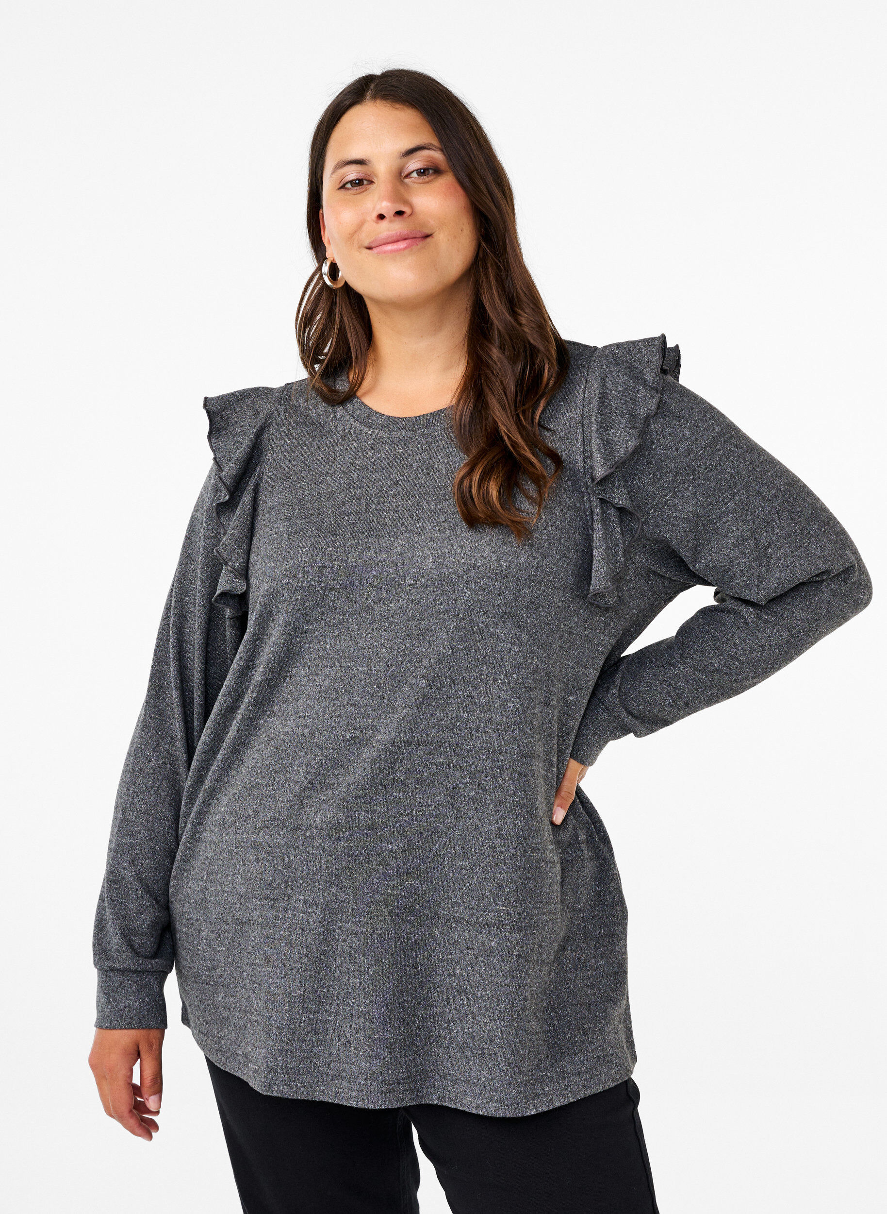 Zizzi  Lang&auml;rmelige Bluse mit R&uuml;schendetails, Dark Grey Melange, Model image number 0