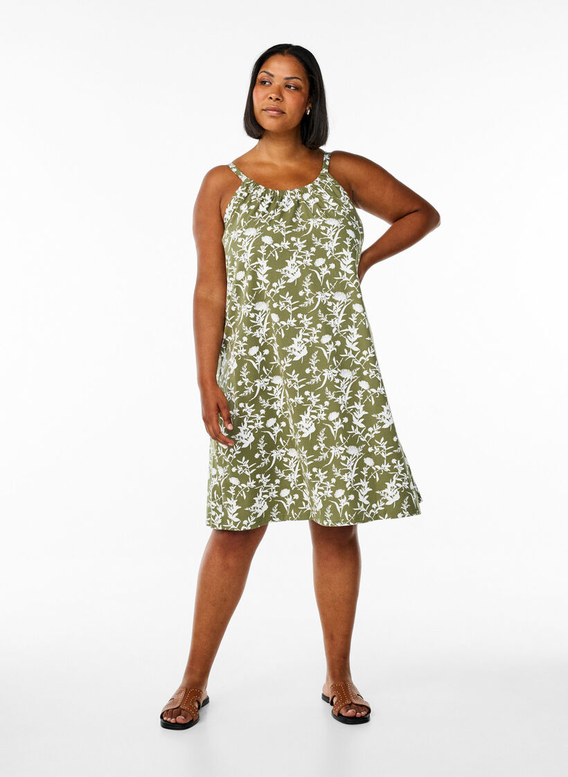 Robe à bretelles midi en coton bio, Vert, Model image number 1